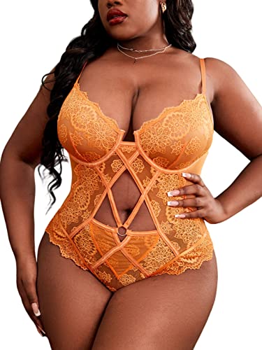 SOLY HUX Women's Plus Floral Lace Mesh Sheer Cut Out Teddy Bodysuit Underwire One Piece Babydoll Lingerie Pure Orange 3XL