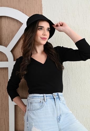 Image of Women's V-Neck Collar Full Sleeve Ribbed Top - Pure Cotton, All-Season, Comfortable & Stylish(Black,XXL)