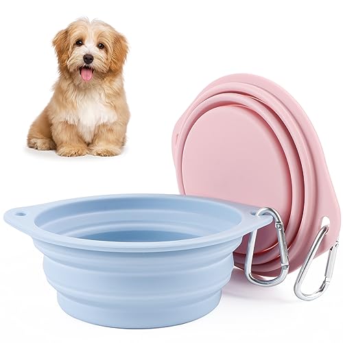 2 Stück Faltbare Reiseschale Auslaufsichere Hundenapf Faltbar aus Silikon Wassernapf für Hunde Unterwegs und Haustiere für Wasser und Futter(Rosa, Blau)