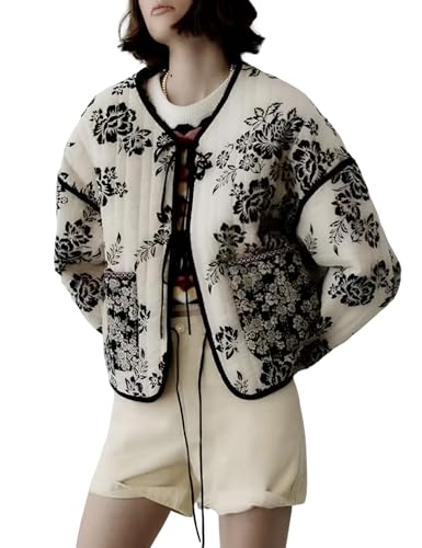 Yimoon - Chaqueta acolchada de invierno con estampado floral, ligera, con abertura delantera, para mujer, negro A, M