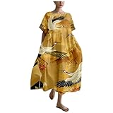 MARSVOVO Casual Dress for Women Trendy Japanese Art Yellow Crane Print Loose Short Sleeve Plus Size Full Length House Dress Round Neck Cotton Linen Dress Women,5XL