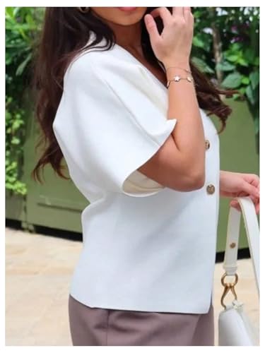 Verdusa Women's V Neck Button Down Sweaters Vest Half Sleeve Old Money Slit Knit Tops4