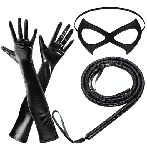 YESELR 3PCS Halloween Cat Costume Accessories for Women Cat Woman Black Mask Long Whip and Gloves Set for Halloween Party Cosplay Dress Up