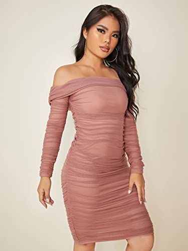 Shein Women's Ruched Off Shoulder Bodycon Dress Long Sleeve Mesh Knee Length Dresses Dusty Pink Medium #TOP2