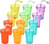 Haundry 12 Pack Kids Party Cups with Lid and Straws, Colorful Plastic Sipper Party Favors Cups for School Events and Birthday Celebrations Supplies