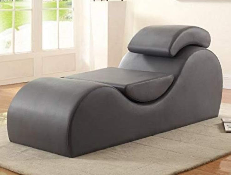Image of SOUL CRAFT Sheesham Wood Leatherate Tantric Loung Chair, Yoga Chaise Lounge, Modern Relaxing Chair with Cushion, Grey