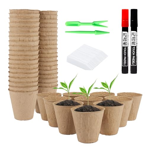 100Pcs Round Fibre Seed Pots 8cm, Biodegradable Seedling Pot with 100 Plant Labels Kits, Compostable Transplanting Pots Recyclable for Garden Greenhouse Plants Flower Fruits Vegetables