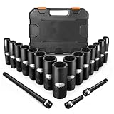 BLACKROBOT 18PCS 1/2-Inch Impact Deep Well Metric Socket Set, 18 Pieces Socket Set(10mm - 24mm), Include 3', 5', 10' Extension Bars, 6 Point Chrome Vanadium Steel Socket Set, Meets ANSI Standards