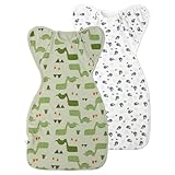 Premium Soft Cotton Swaddle Blanket Sleep Sack Arms Up Design 2 Packs 3-6 Months, Hands Up 3-Way Transitions to Arms-Free Wearable Sleeping Sack Bag for Baby Boys Girls Snug Fit Calms Startle Reflex