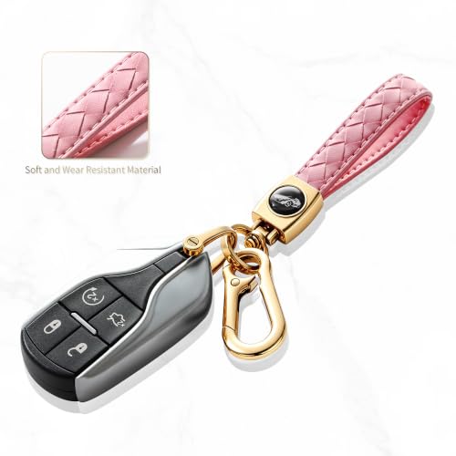 Image of Gkeygo Carabiner Keychain, Universal Heavy Duty Woven Handmade Leather Key Chain, Car Fob Key Keychains with 360 Degree Rotatable Snap Swivel and Anti-Lost D-Ring for Men and Women,Light Gold - Pink