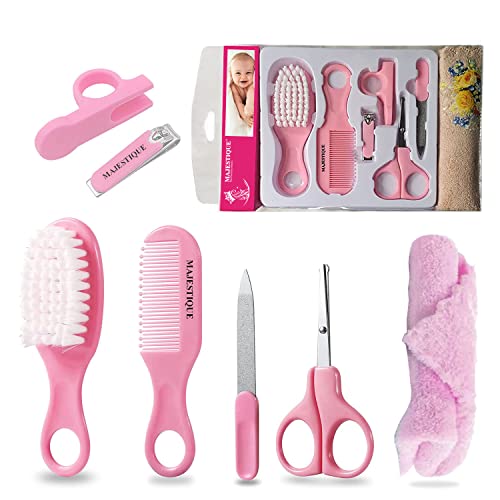 Image of Majestique Baby Grooming Set - Baby Hair Brush, Comb, Nail Clipper, Nail File and Soft Baby Towel, Baby Products for New Born Baby Gifts Toddlers Infant Girl Boys Keep Clean (7 in 1 Pink)