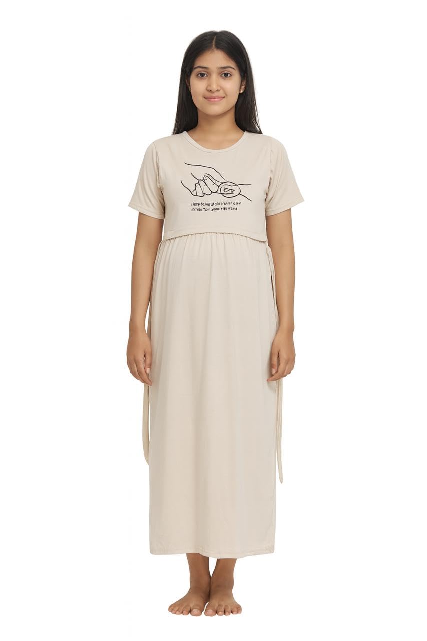 sp preethika collection Women's Maternity Maxi Dress, Beige, Short Sleeve, Cotton Blend, Graphic Print, Nursing Friendly, Round Neck, Casual Wear-picture-31