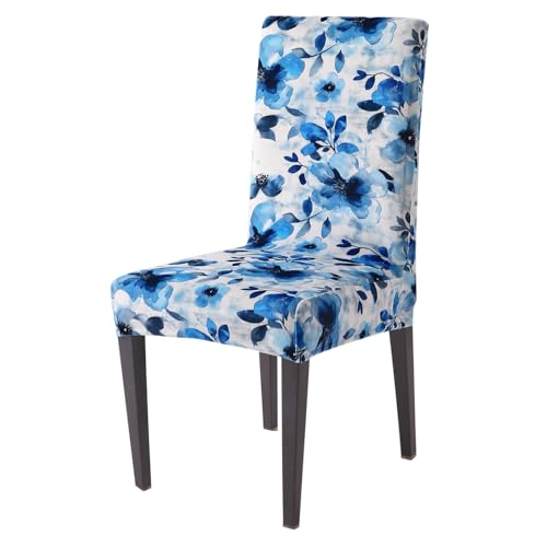 Image of HOKIPO Premium Printed Velvet Dining Chair Cover Set of 1, Blue Azure Botanical (AR-5794-D8)