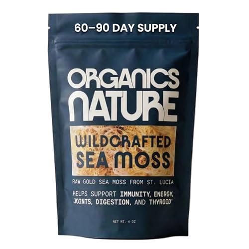 Organics Nature Raw Wildcrafted Sea Moss | Organic Wildcrafted & Non-GMO Certified | Dr Sebi Approved | Make 5 Jars of Sea Moss Gel | Immune Support Energy &e Essential Minerals & Vitamins 4 oz
