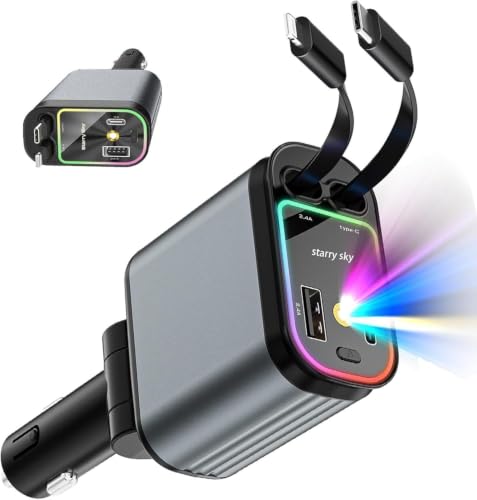 Image of 120W Car Charger with Starry LED Lights, 4-in-1 Retractable Fast Charger with Type-C & Lightning Cables, USB-A & USB-C Ports for iPhone 17 /16 /15, Samsung & Android