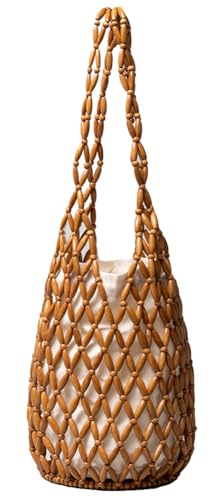 Pocadri Women Wooden Shoulder Bag Woven Beads Tote Handbag Hollow Bucket Underarm Purse Summer Casual Satchel