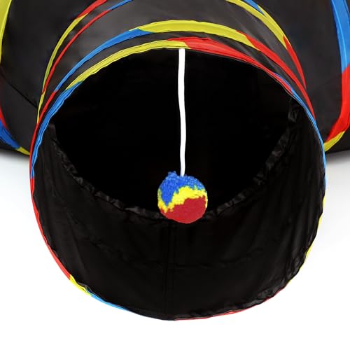 Image of Tempcore Cat Tunnel for Indoor Cats, 3 Way Collapsible Pet Play Tunnel with Teaser Wand, Peek Holes & Hanging Ball, Interactive Tube for Kittens & Rabbits, Black & Rainbow