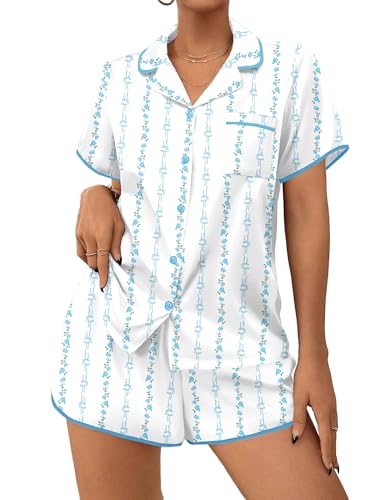 Image of Ekouaer Women's Satin Pajamas Set 2 piece Silky Sleepwear Buttton Down Short Sleeves Top and Shorts Pj Set S-XXL