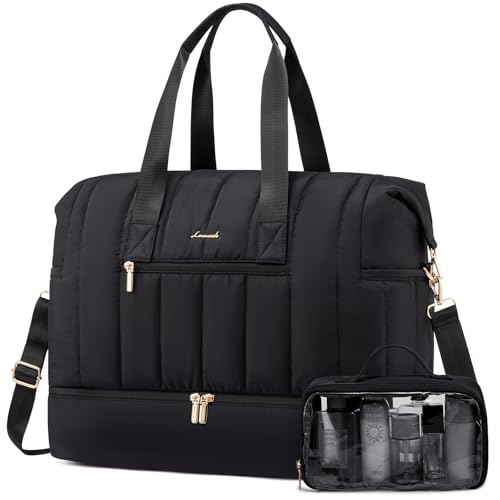 Image of LOVEVOOK Puffer Travel Duffle Bag, Weekender Bags For Women with Shoe Compartment, Carry On Duffel Bags with Toiletry Bag,Hospital Bag for Labor and Delivery, Yoga Gym Bag with Wet Pocket, 4Pcs Set
