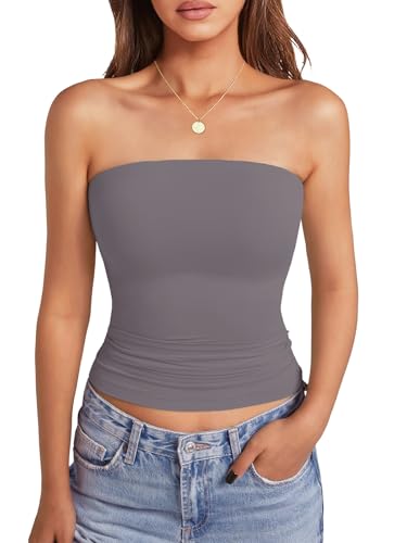 GKBK Womens Bandeau and Strapless Crop Top with Built in Bra Double Lined Padded Tube Top Y2K Going Out Summer Fashion Gray-XL