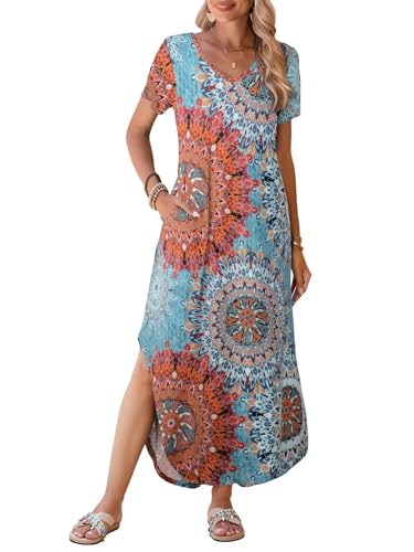 Image of BELAROI Plus Size Maxi Dress for Women Summer Casual V Neck Short Sleeve Long Dress with Pockets Beach Vacation Cover Up