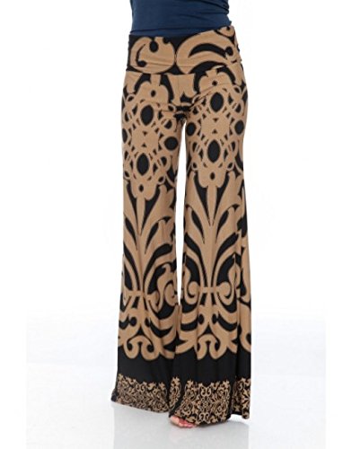white mark Womens Super Soft Wideleg Lounge Printed High Waist Stretch Palazzo Pants Brown Black