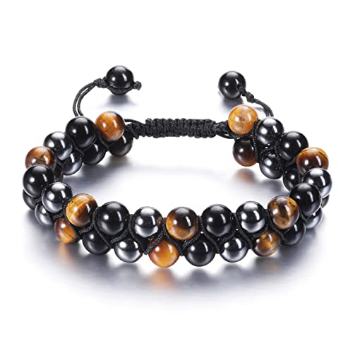 Jovivi 8mm/10mm Mens Natural Hematite Black Obsidian Tiger Eye Crystal Stone Bracelet Lava Rock Beads Anxiety Bracelets,Round Gemstone Healing Crystals Bracelet for Men Women Good Luck