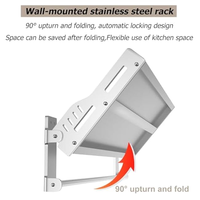 Wall Mounted Stainless Steel Microwave Oven Rack Foldable Pot & Pan Shelf with 6 Hooks Spice Kitchen Storage Solution Durable Oven Holder Bracket