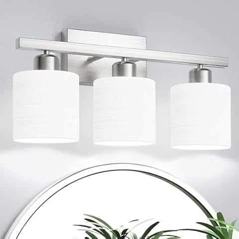 PARTPHONER Bathroom Light Fixtures, Bathroom Lighting Fixtures Over Mirror, Classic Vanity Lights, Modern Bathroom Vanity Light with Textured Frosted Opal White Glass Shades, Brushed Nickel, 3-Light Cover