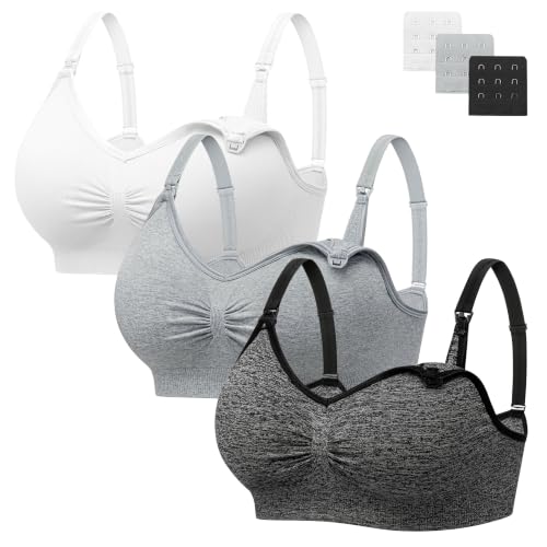 Image of Angelhood Womens Seamless Sleep Nursing Bra,Breastfeeding Maternity Bra with Remove Bra Pads Extenders Pack of 3