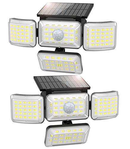 Solar Lights Outdoor, 250 LED 2500LM Security Motion Sensor Flood Light with 4 Adjustable Heads, IP67 Waterproof, 3 Modes & 300° Wide Angle Smart Outside Wall Light for Garden Pathway Garage, 2 Pack