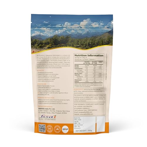 Image of Wellwith Sea buckthorn Dry Berry 100g (Pack of 1) - Natural, Sun-Dried, Rich in Omega 3,6,7 and 9, & Vitamin C, E | Dried Seabuckthorn Berries | No Added Sugar or Preservatives