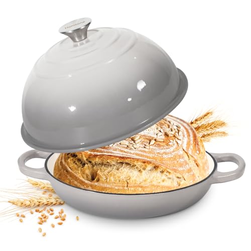 Homtone Pentola da forno olandese in ghisa smaltata, 22 cm, forno olandese per la cottura del pane a lievitazione naturale, pentola per il pane in ghisa con coperchio (grigio chiaro, standard)