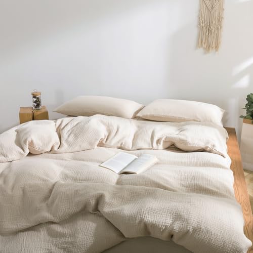 Image of VM VOUGEMARKET Beige Duvet Cover Queen Size - 3 Pieces Muslin Cotton 3-Layer Guaze Textured Bedding Set,Includes 1 Duvet Cover 90x90 Inches with Zipper Closure & 2 Pillowcases