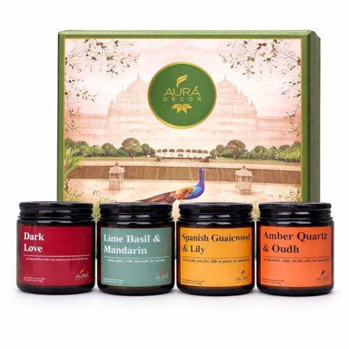 Image of AuraDecor Scented Soy Wax Amber Jar Candle Set of 4, Organic Luxury Aroma, Aromatic /Aromatherapy Votive Candle || Burning Time Upto 30 Hours (Aromatherapy, Gift Set (Type 1))