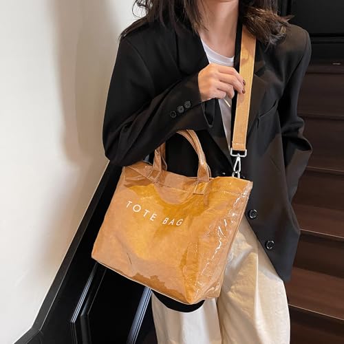 Image of PVC Tote Bag for Women Large Clear Plastic Letter Print Kraft Paper Top Handle Crossbody Shoulder Hobo Handbag(D-Brown)