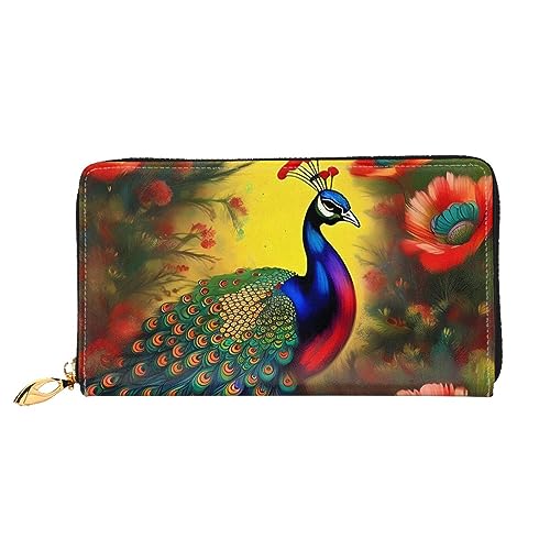 Portefeuille de voyage long pour femme noir avec zip et motif paon floral