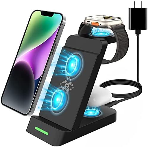 Aimtel Wireless Charging Station Compatible with iPhone 14 13 12 11 Plus Pro Max, 3 in 1 Fast Wireless Charger for Apple Watch 8 iWatch Ultra 7 SE 6 5 4 3 2 Charging Docking Stand for Air-pods