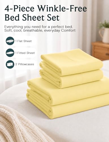 Image of LuxClub California King Sheets Sets, Deep Pocket Cal King Sheet Bed Sheets 4PC, Cooling Sheet Cal King Size, Soft Breathable Hotel Bedding, Silky Fitted Sheet & Pillowcase Sets, Lemon Yellow
