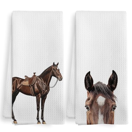 XNXLDYLH Funny Horse Kitchen Towels and Dishcloths Sets of 2, Horse Decor Gifts for Girls Room Home, Farmhouse Rustic Cabin Farm Nursery Home Decor Dish Hand Tea Towels for Bathroom Kitchen, 16x24Inch