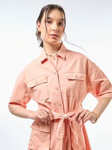 Image of Bewakoof Women's Solid Oversized Fit Half Sleeve Collared Cotton Blend Above The Knee Shirt Dress