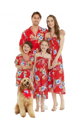 Image of Matchable Family Hawaiian Luau Men Women Girl Boy Clothes in Hibiscus Red
