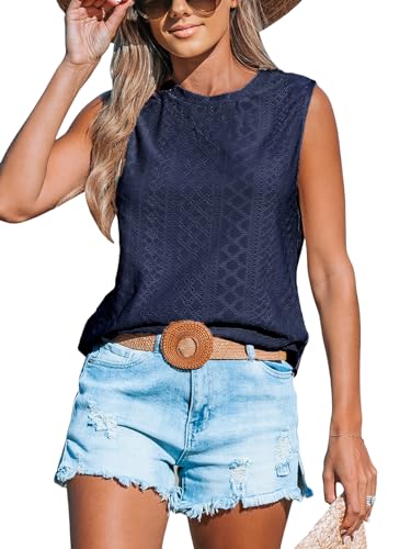 CUPSHE Damen Tank Top Sommer T Shirt Ärmellos Rundhalsausschnitt Bluse, Leicht und Atmungsaktiv, Casual Oberteile,Marineblau,L