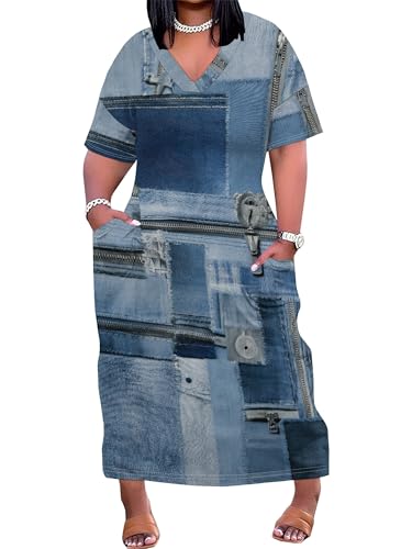 Image of SUZONANA Womens Plus Size 3D Denim-Print Fashion Maxi Dresses Casual Soft Tshirt Dress