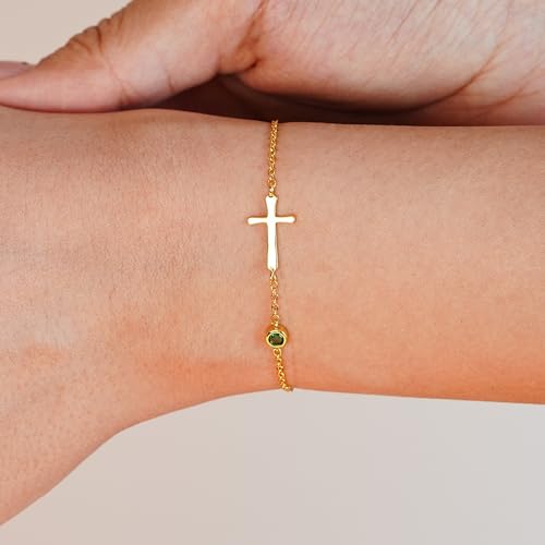Birthstone Cross Bracelet for Women – Christian Gifts Birthday Gifts for Women, Baptism Gifts for Women, 18K Gold Plated, 5A Zirconia, Triple-Layered Finish, Size 6-8 ''2