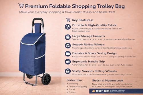 Image of KriShyam Foldable Shopping Trolley Cart | Large Capacity Grocery Cart with Wheels | Durable Fabric Bag | Lightweight Portable Utility Cart for Shopping (2 Wheels + 2 Side Pocket-Blue)