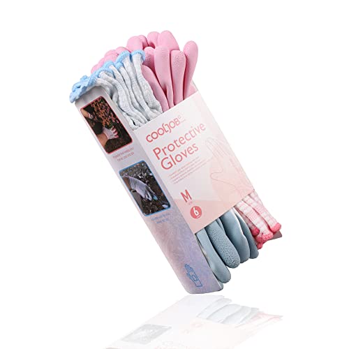 COOLJOB 6 Pairs Gardening Gloves for Women Ladies, Breathable Rubber Coated for Yard Garden, Outdoor Indoor Protective Work with Grip, Medium Size, Blue & Pink