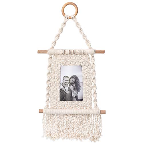 BohoCharm Hanging Photo Display Frame - Macrame Wall Hanging Picture Holder, Boho Chic Home Decor, Bohemian Wall Art Fits 4x6 Portrait Photos