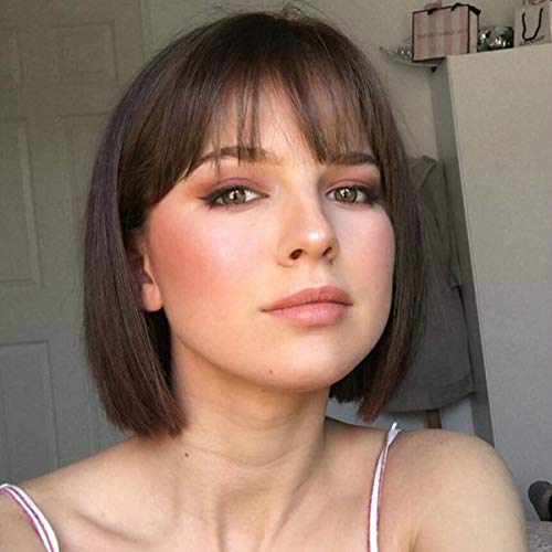 Creamily Women Short Bob Wig with Air Bangs Dark Brown Synthetic Chin Length Straight Hair Daily Wear Heat Resistant Full Replacement Wig