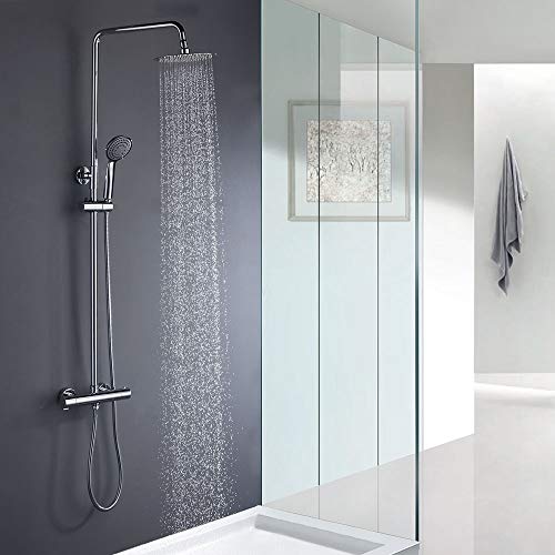 Columna de ducha termostática diseño redondo, con tubo extensible de 80 a 120 cm. Rociador extraplano de 20cm y ducha de mano de hidromasaje redondos. Recambios garantizados